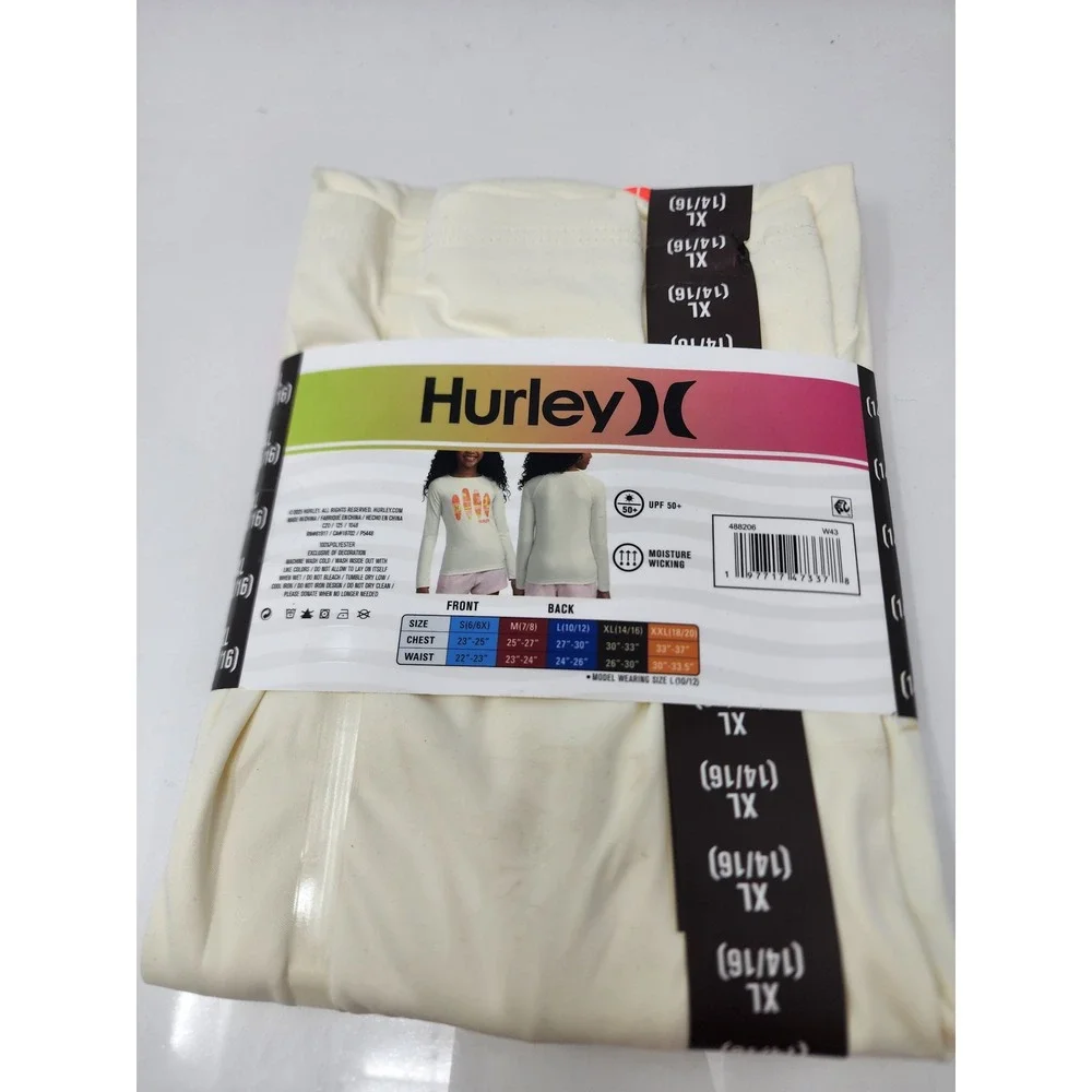 Hurley Girls Long Sleeve Rash Guard Swim Top Cream Polyester Athletic Size XL